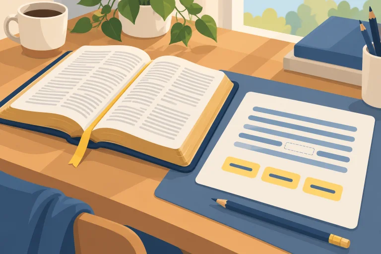 A blue and yellow verse exercise beside an open Bible.