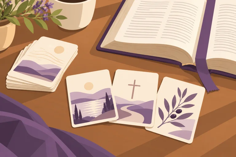 Purple scripture memory cards on a warm brown study desk.