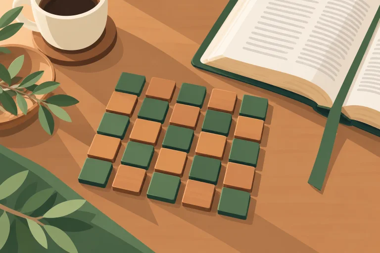 Green and brown word-game tiles beside an open Bible.